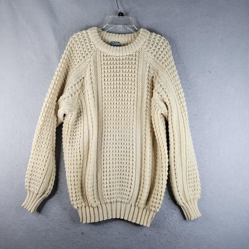 John Molloy Sweater Mens Large Cream Aran Fisherman 100% Wool Made in Ireland